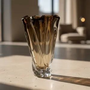 Ammonite Glass Vase Set of 3 Modern Design Brown Color Artistic Home Decor Pieces for Small Plants & Flowers with Twisted Designs and Asymmetrical Shapes