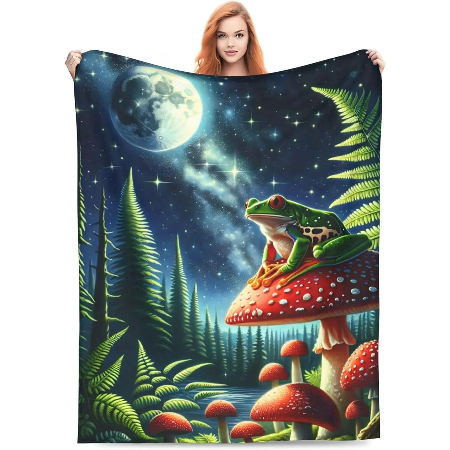Frog Style Flannel Throw Blanket - Soft Comfy Lightweight Mushroom & Moon Graphic Design, 60x50 In, Gift for Adult Women, Home Decor for Couch, Frog Style Throws, Moon Graphic Throws