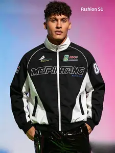 Men's Retro Style Racing Jacket with Color-Block Letter Print, a Zip-Up Stand Collar for Casual Motorcycle Wear