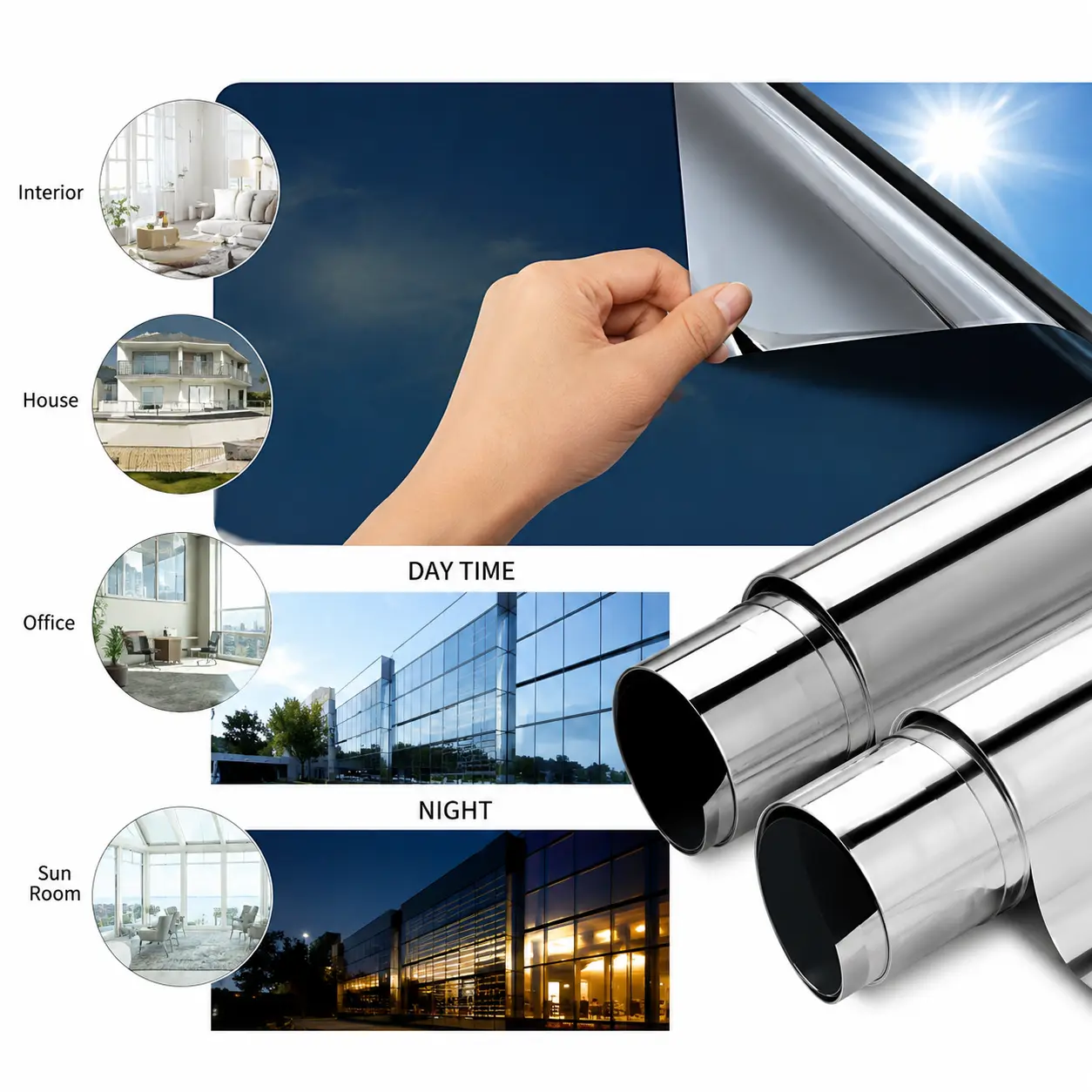 1-Way Mirror Window Film Privacy Tint, UV-Reflective Heat-Control Sun-Block Glass Film for Home & Office Decorative Stickers