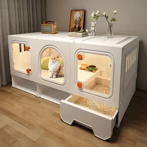 Aesthetic Cat Condo with Feeding Station & Pull-Out Litter Tray Modern Multi-Room Cat House Built-In Litter Box Cozy Space for Indoor Cats Trending TikTok Pet Furniture