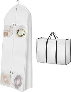 65" Wedding Dress Garment Bag with Bride Tote Bag 6'' Gusseted Dress Bags for Gowns Long 4 Pockets Wedding Dress Storage Bag for Women, White