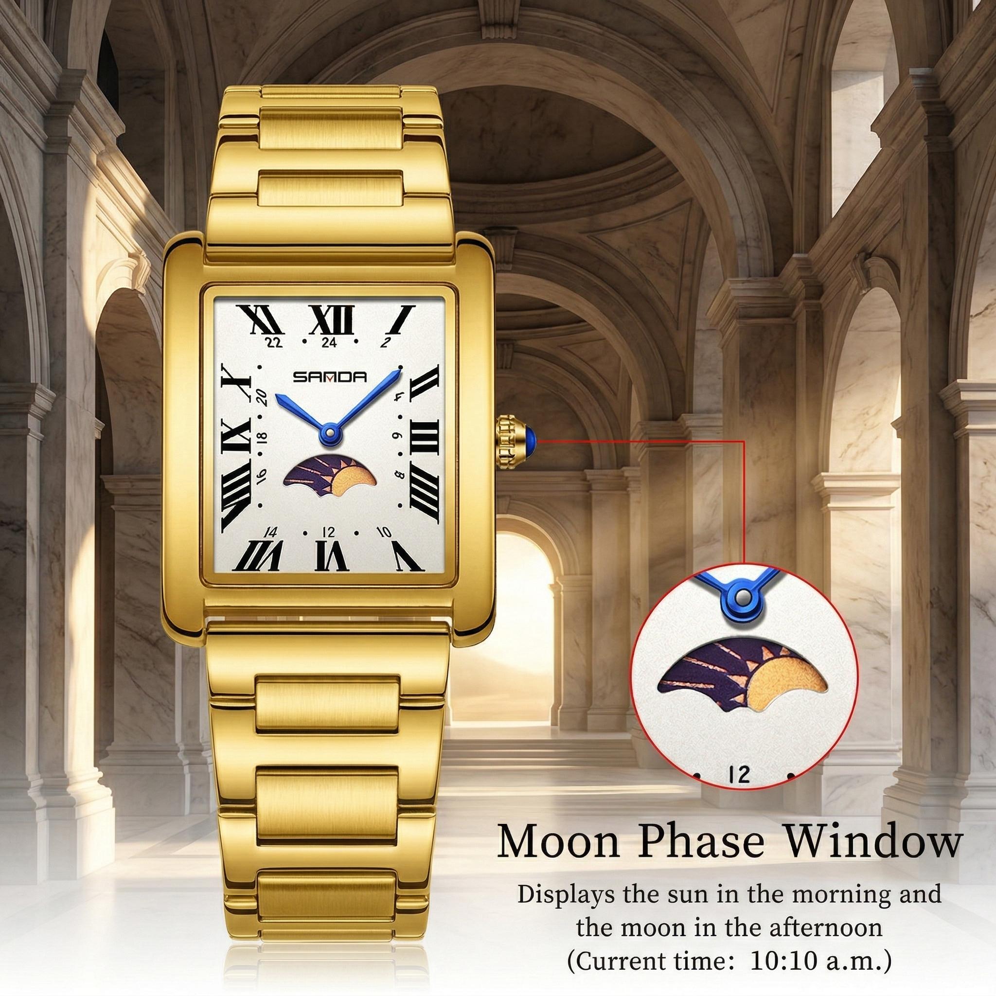Old Money Aesthetic Square Watch for Women Elegant Vintage Moon Phase Wristwatch Stainless Steel Band