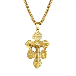 OIDEA Unisex Stainless Steel Pardon Crucifix Necklace - Triple Symbol Catholic Jesus Cross Pendant for Chain, St. Benedict & Miraculous Medal, Baptismal Christian Religious Jewelry for Easter, Baptism