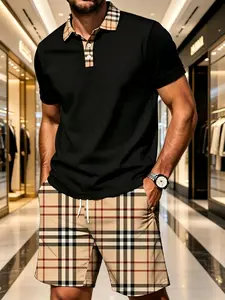 Luxury Men's Plaid Print Casual Set, Polo Shirt + Plaid Shorts Two-Piece, Stylish and Comfortable Fashion Ensemble for Everyday Wear