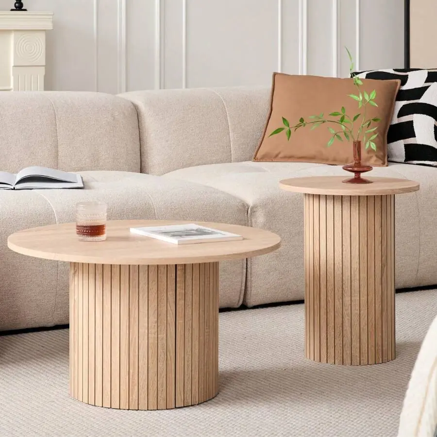 Round Wood Nesting Coffee Tables Set Of 2,& Farmhouse Fluted Drum Design, Modern Side & End Table For Living Room, Bedroom, Or Apartment, Coffee Table Living Room