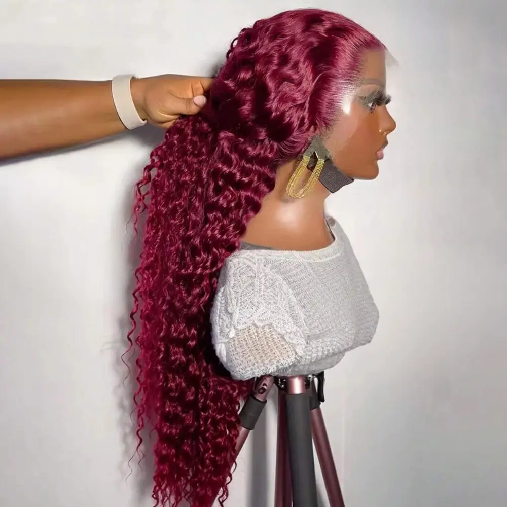 Bling Hair Burgundy Color 13x6 Lace Frontal Human Hair 180% Density Deep Wave Wig 99J Curly Wigs Pre Plucked 100% Human Hair Wigs #Summervibes
