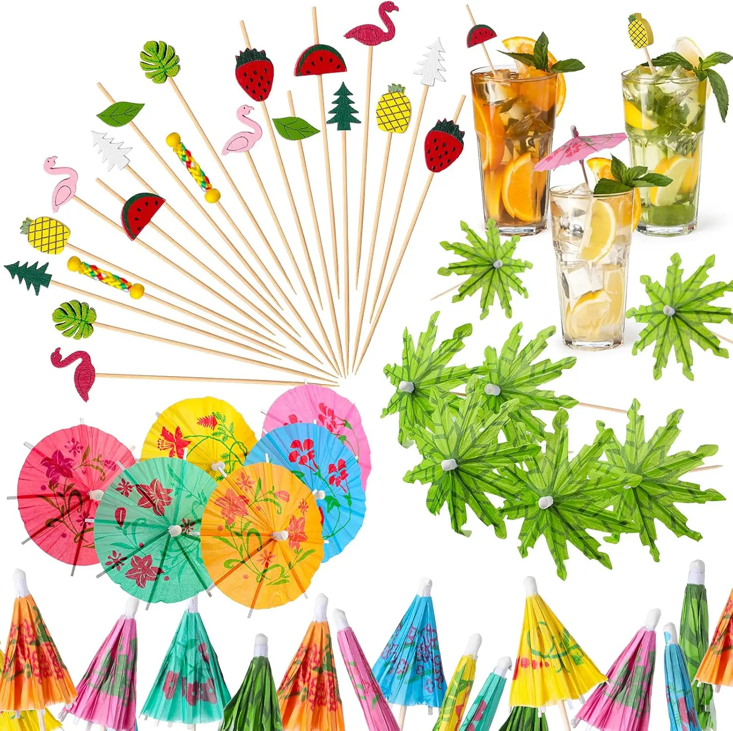 160-Piece Bamboo Cocktail Accessory Set - Flamingo, Watermelon, Pineapple Skewers, Floral/Palm Leaf Paper Umbrellas for Tropical Beach Pool Parties, Weddings, Picks, Bamboo Straws