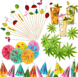 160 pcs cocktail accessory set, including flamingo, watermelon, pineapple skewers, floral/palm leaf paper umbrellas, Hawaiian beach party decorations, suitable for tropical beach pool parties, weddings, birthdays