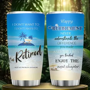 20oz Stainless Steel Insulated Tumbler with Dual Sided Retirement Quote and Beach Scene Print, Vacuum Sealed Travel Mug with Lid and Straw, Durable Daily Drink Cup for Nurse Teacher Police Doctor, Perfect Farewell Going Away Celebration Tropical Themed Gi