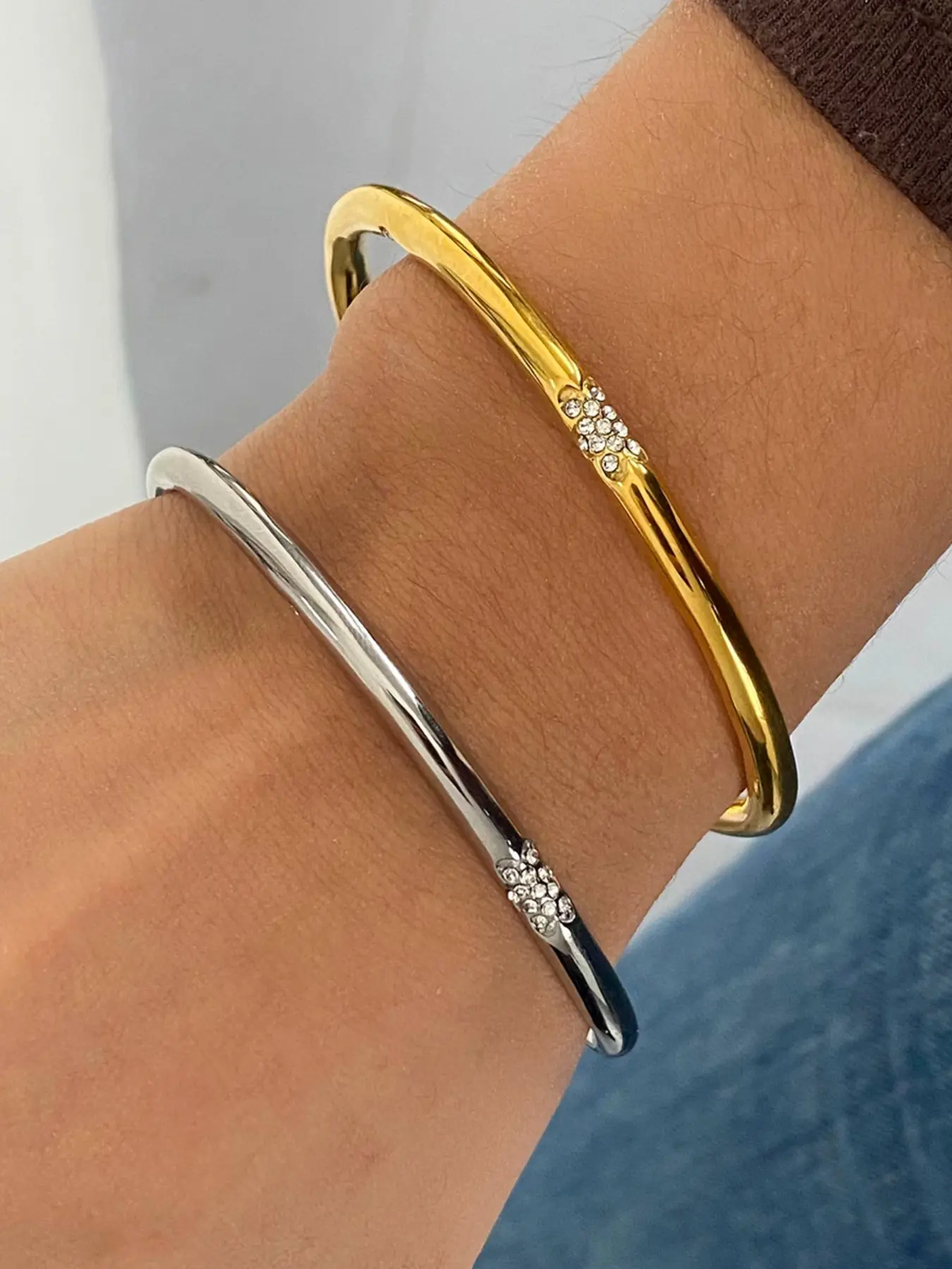 Unisex Bracelet Set White Diamond Nail Open Bracelet High Quality Bracelet Stainless Steel 18k Gold Plated Waterproof Anti Allergy Neutral Modern Minimalist Style Trendy Matching Studded Bracelet Fashion Wrist Jewelry