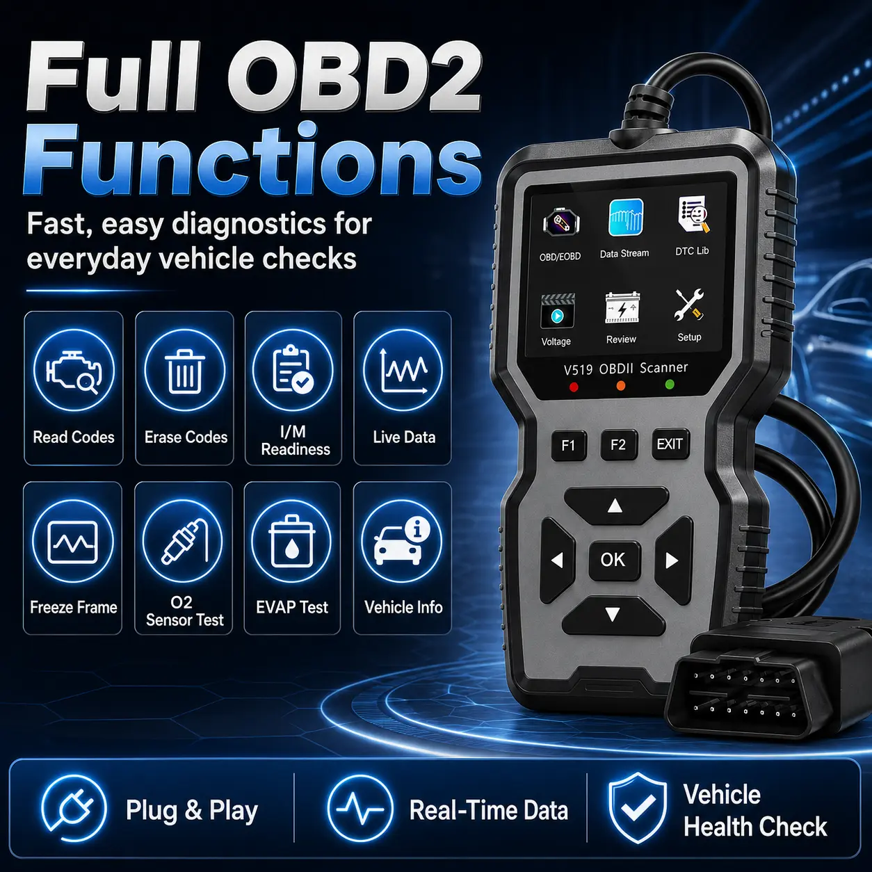 V519 OBD2 Scanner Code Reader, Automotive Engine Diagnostic Tool with Read Clear Codes, Live Data, I/M Readiness, Freeze Frame, O2 Sensor & EVAP Test, Erase Code Tool