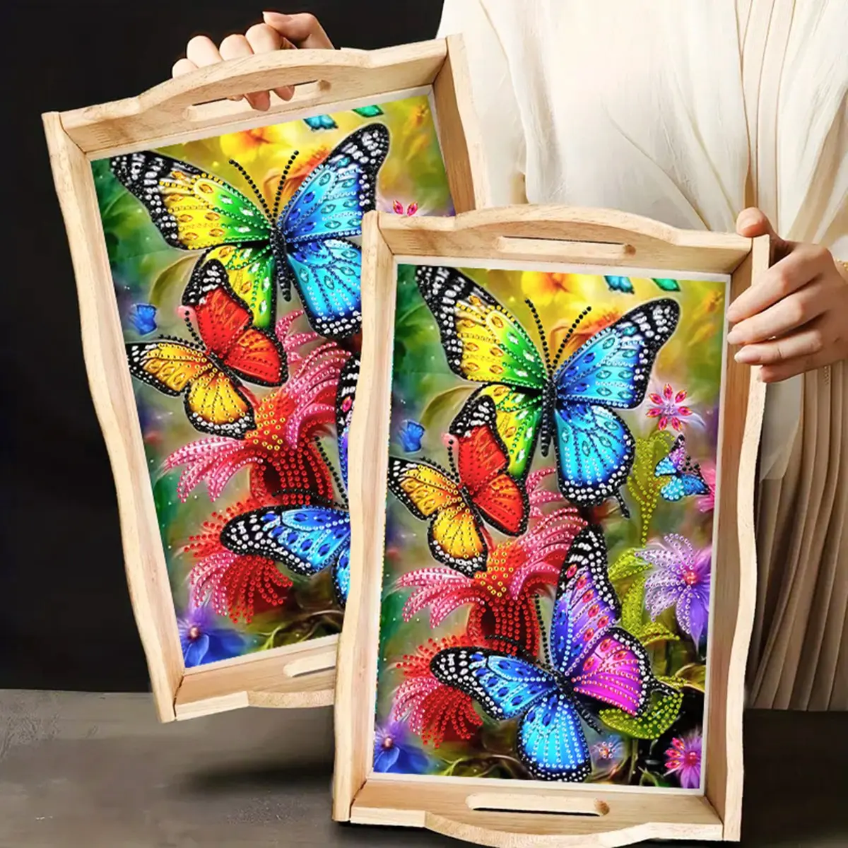 DIY Diamond Painting Kit, Diy Diamond Art, Irregular Crystal Diamonds, Wooden Tray with Handle, Home Decor, Perfect for Holiday Decoration