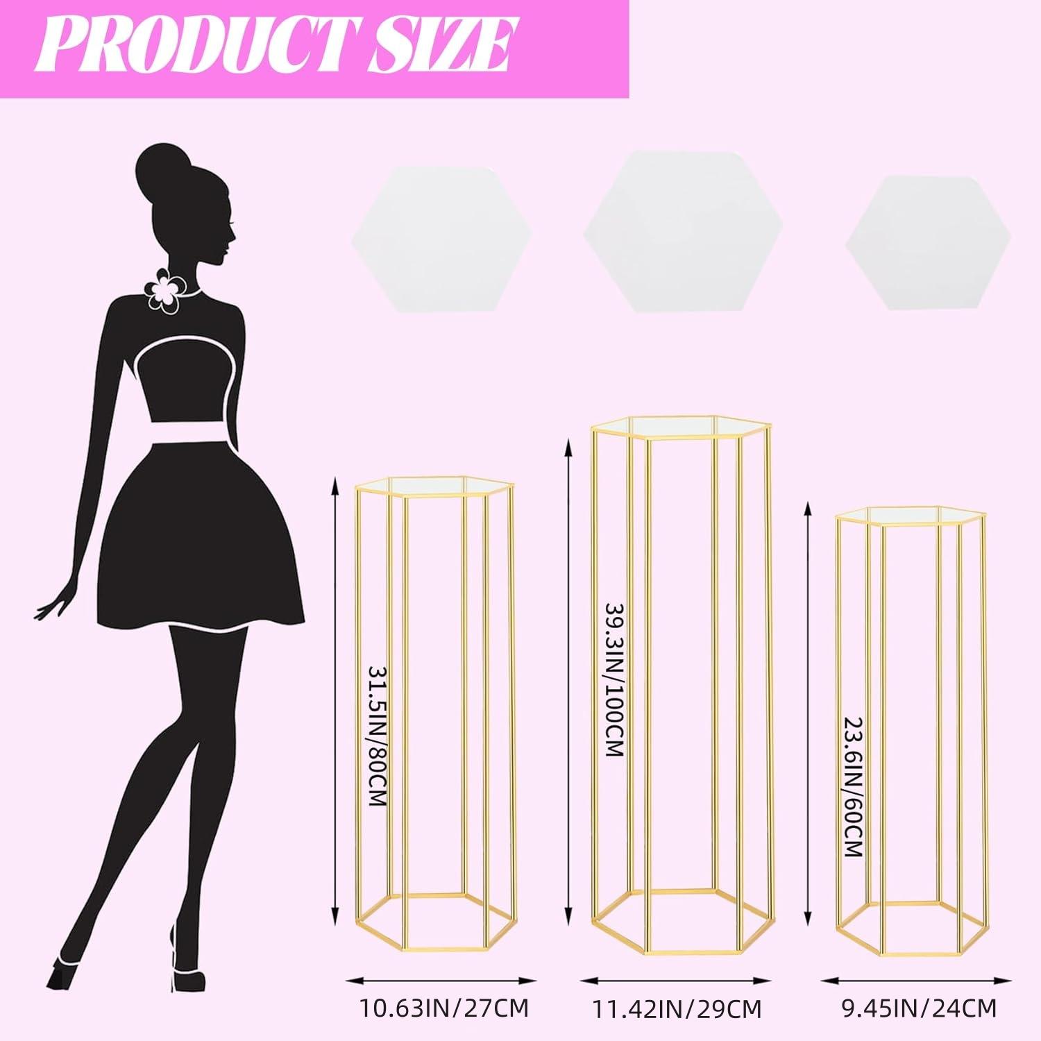 3PCS Cylinder Pedestal Stands for Parties, Hexagon Gold Metal Plant Round Cylinder Stands for Party Flowers, Display Columns Pedestal Stand Cylinder Tables for Vases Birthday Party Backdrop Decorations