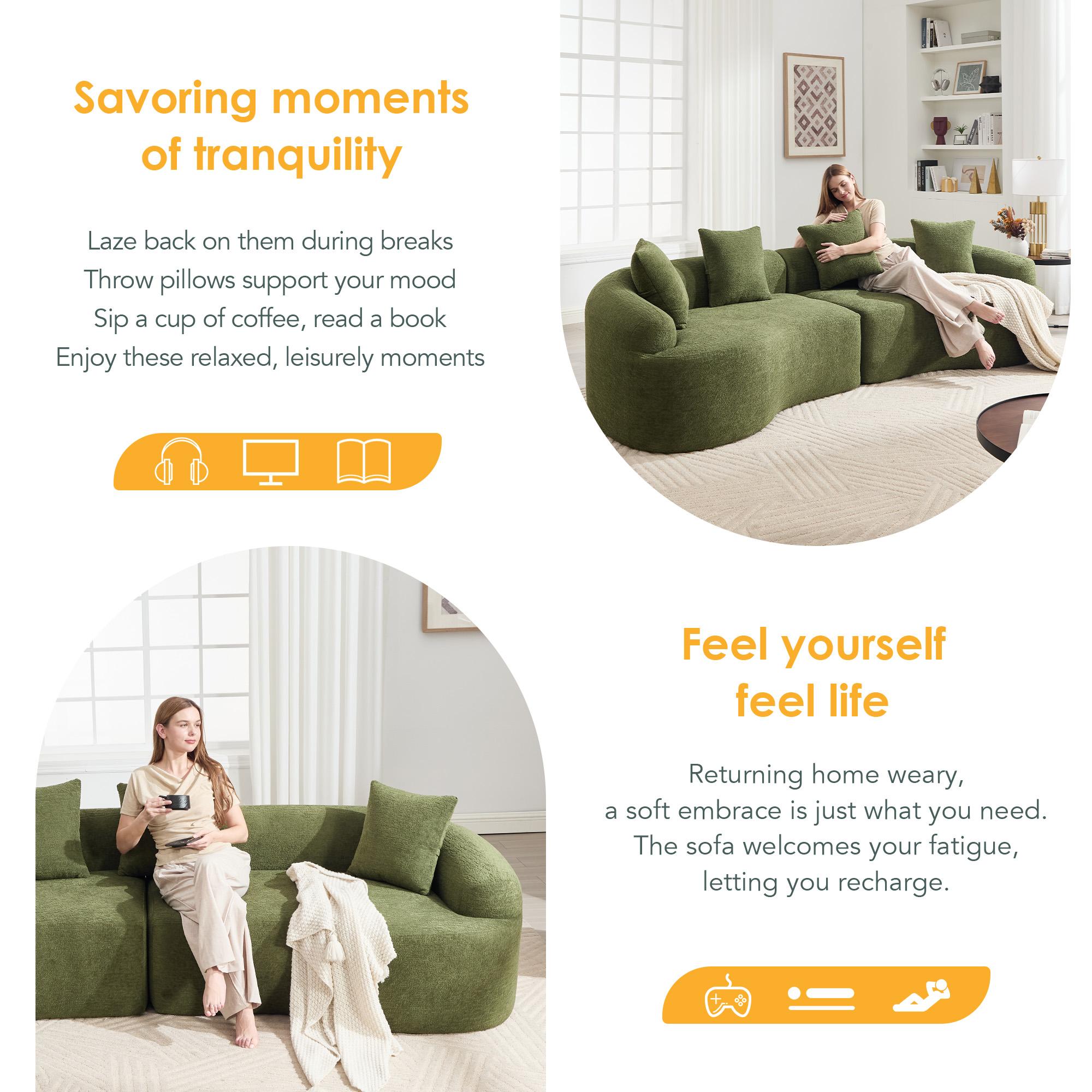 110" Curved Boneless Modular Sectional Sofa, Compression Sleeper Couch with High-Density Foam, Chenille Fabric Sofa Bed for Living Room, Bedroom, Apartment & Lounge