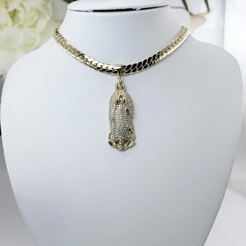 (28) 14K Gold Plated Rhinestone Virgin Mary Pendant with 22in Chain Elegant Religious Jewelry for Women