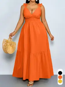 Summer Casual Elegant Plus Size Women's Lady Dress, Statement Deep V Neck Backless A-Line, Sleeveless Plain Long Dress for Party and Vacation Casual Wear