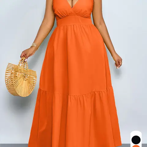 Summer Casual Elegant Plus Size Women's Lady Dress, Statement Deep V Neck Backless A-Line, Sleeveless Plain Long Dress for Party and Vacation Casual Wear Womenswear Holiday Dress
