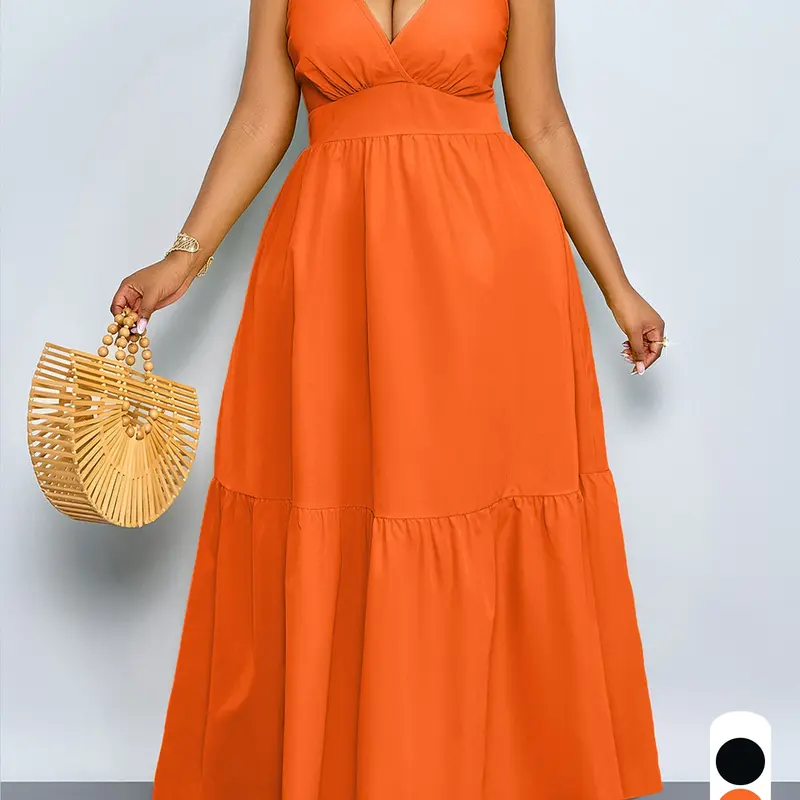 Summer Casual Elegant Plus Size Women's Lady Dress, Statement Deep V Neck Backless A-Line, Sleeveless Plain Long Dress for Party and Vacation Casual Wear Womenswear Holiday Dress