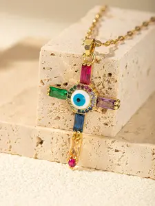 Demonic Eye Necklace Cross Shape Brings Good Luck, Essential Holiday Accessory Suitable for Banquets and Daily Wear, Retro Style Copper Jewelry