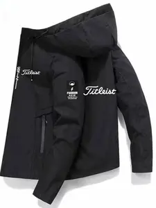 Men's Lightweight Hooded Baseball Jacket with Logo Print, Zipper Pockets, Casual Outerwear for Hiking Spring Fall Outdoor Wear