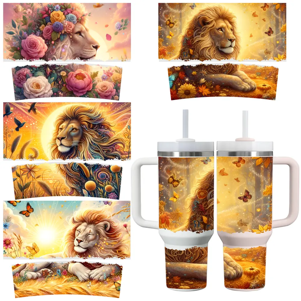 UV DTF Stickers for 40oz Tumblers (4 Sheets) - Lion, Floral, Sunset, Butterflies, Sunlight Themed, Majestic, Vibrant, Household Items, 3D Effect, 11.3x5.2inch & 9.8x3.3inch, Party Decor UV Side Eye Stickers