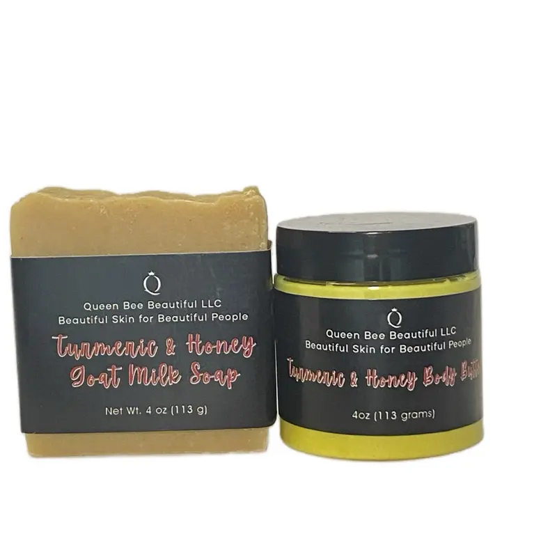 Soap & Body Butter Gift Set with Soap Saver - Organic Turmeric & Honey Goat Milk Soap & Body Butter Gift Set with Soap Saver for Deep Moisture, Natural & Paraben Free Body Care (4oz Bar & 4oz Jar), Non-Toxic, Nourishing