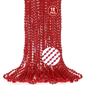 Red Necklace, 12PCS Oval Red Accessories Party Favors Bead Necklaces, 32" Mardi Gras Beads Necklaces for Festival Parade Throw Accessories Wedding Birthday Valentines Mardi Gras Xmas Decorations