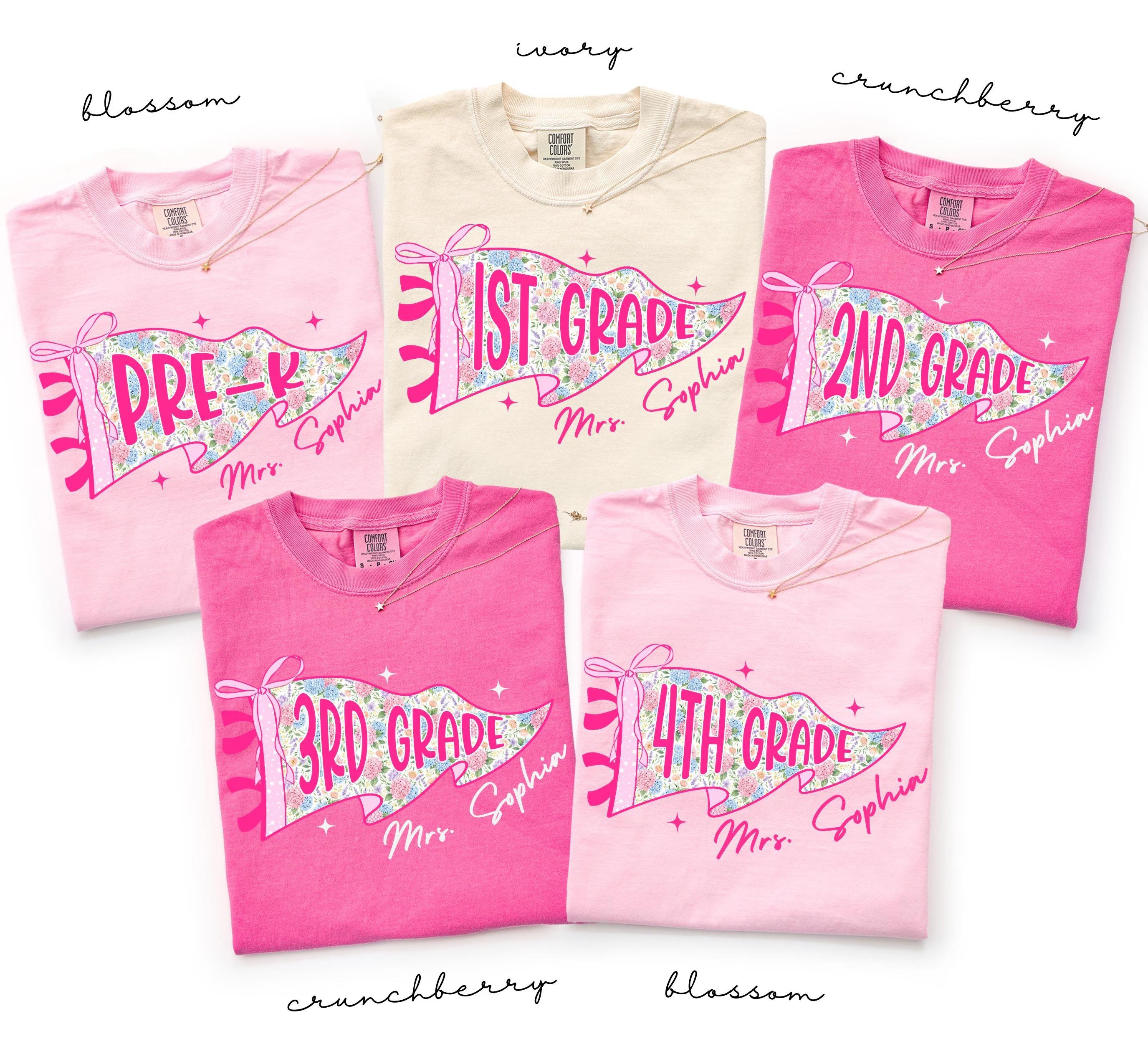 Comfort Colors Custom Floral Grade & Name Teacher Shirt, Pennant Flag Teacher Tee, Teacher Team Shirt, First Second Third Fourth Grade Tee B07