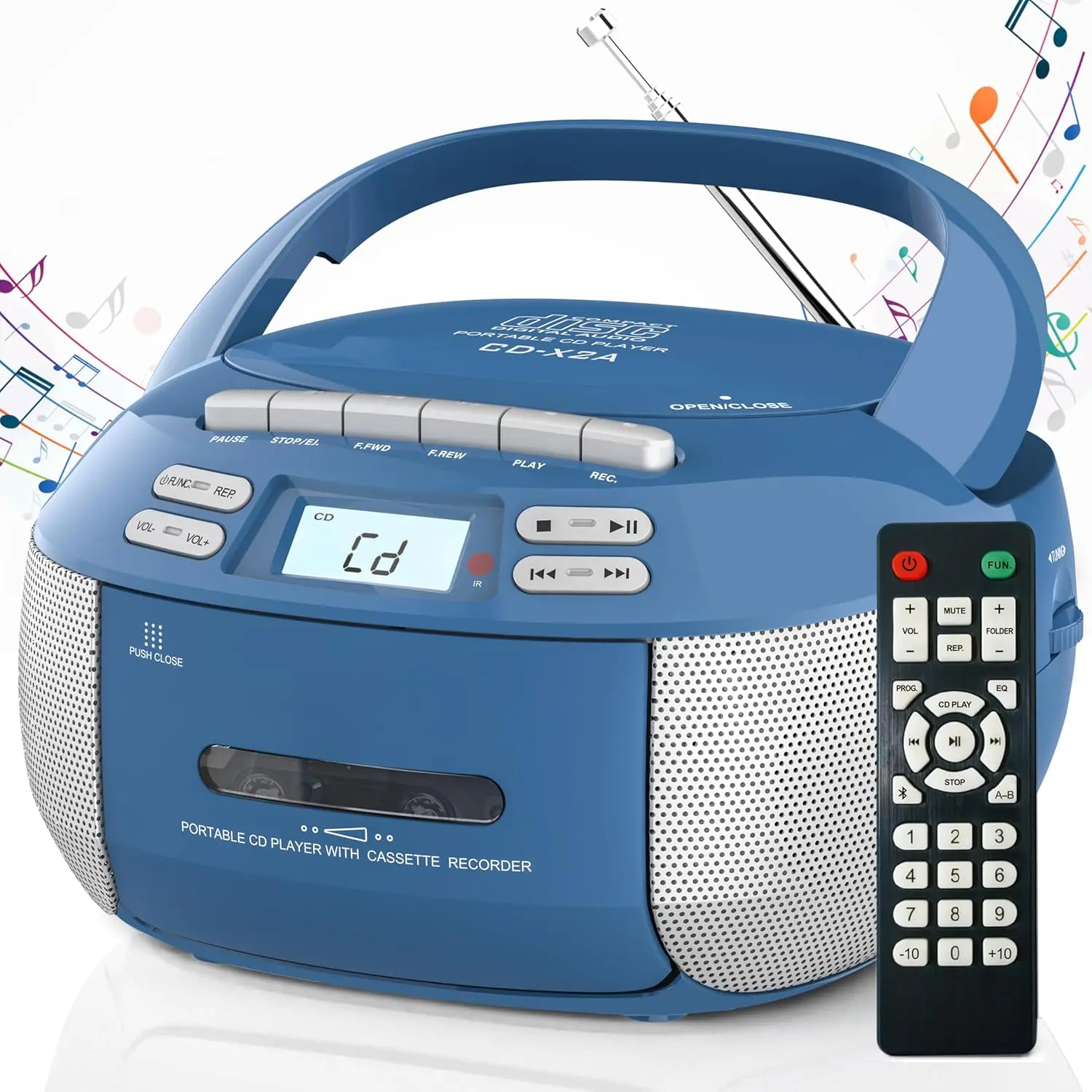 Boombox CD Player Cassette Player Combo, Boom Box Portable CD Players for  with , Support AM FM Radio/Remote Control/AUX/USB/Earphone, AC/ Operated, LCD Display (Blue)