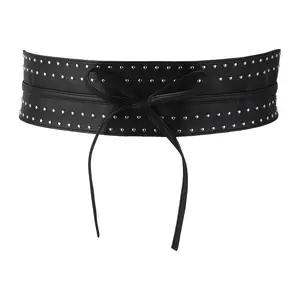 Corset Belt for Women: Punk Studded Tie‑Up Wide Black Faux Leather Obi Waist Cincher for Dresses High Waist Outfits Adjustable Wrap
