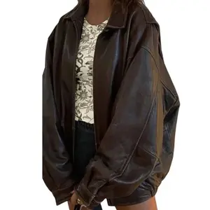 Women's Oversized Vintage Brown Bomber Leather Jacket