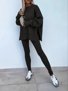 Women's Solid Drop Shoulder Sweatshirt & Elastic WaistPants Two-piece Set,Casual Fashion Cozy ComfortableSplit Hem Long Sleeve Pullover & Skinny Trousers forOutdoor Daily Wear, Two Piece Set Women, MatchingSets for Women, Everyday Womenswear, Fitted