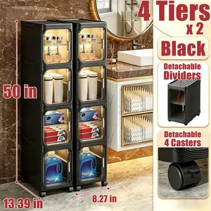 Slim Cabinet Transparent Visible Door Magnetic Design Foldable No Installation Mobile Wheels Compact Space Organizer