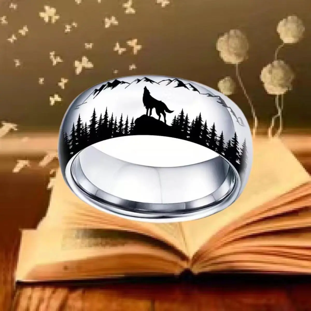 Unisex 8mm Stainless Steel Forest Wolf Marquise Band Ring - Rings for Women, Unique Fashion Costume Jewelry, Daily Wear Accessory