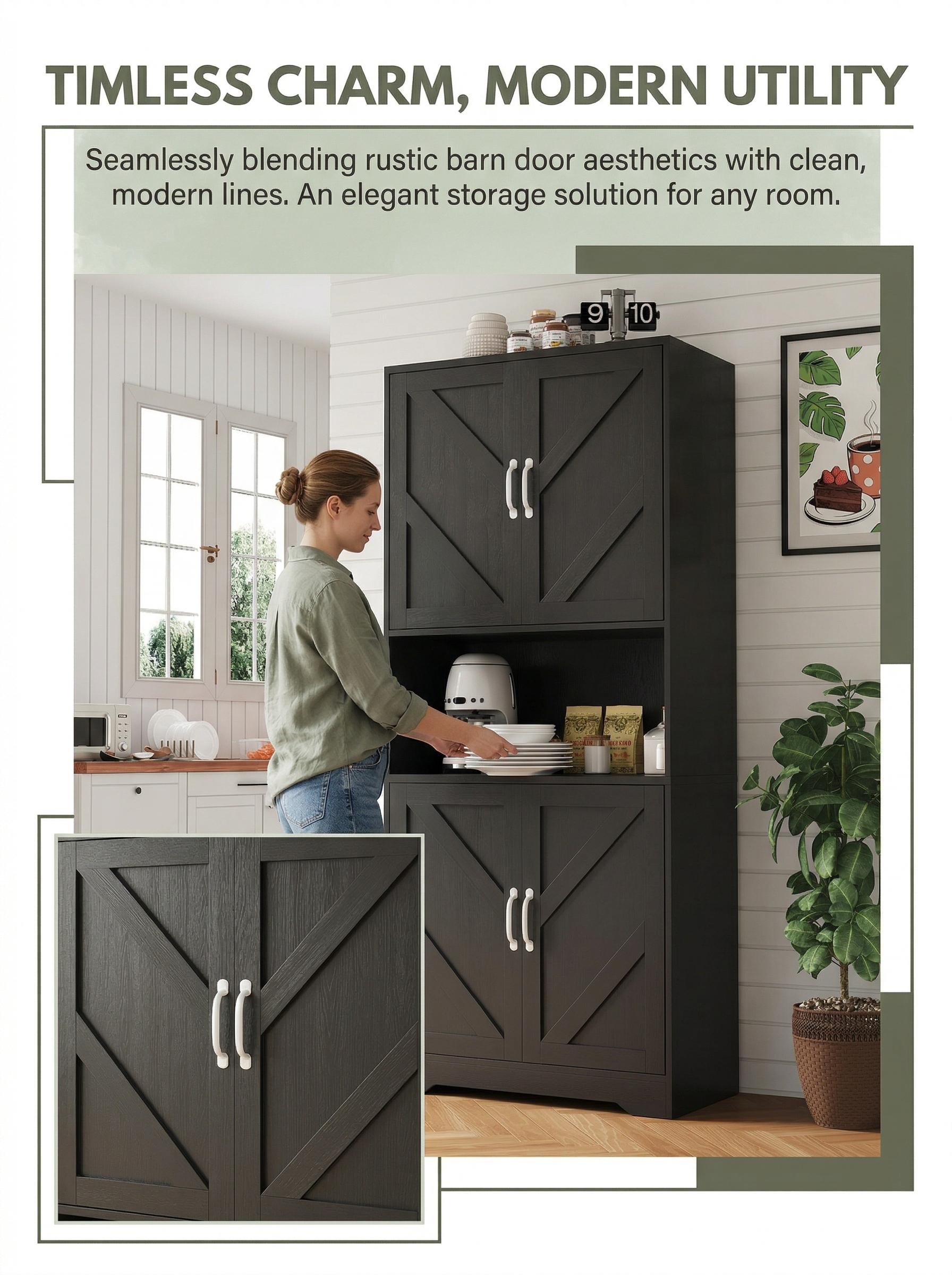 ZR-Garvee 70 Inch Tall Kitchen Pantry Cabinet with Microwave Stand and 4 Doors Large Storage Hutch with Adjustable Shelves Freestanding Cupboard for Pantry and Kitchen