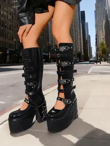 New Dark Punk Large Size Women's Boots, Fashion Roman Heart Design, Spider Web Print, Chunky Heel, Street Style, Nightclub Queen