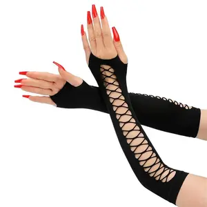 1Pair Vintage Party Cosplay Mesh Stretch Gloves Nightclub Dancing Half-Finger Fishnet Mittens Women Long Broken Hole Arm Sleeve