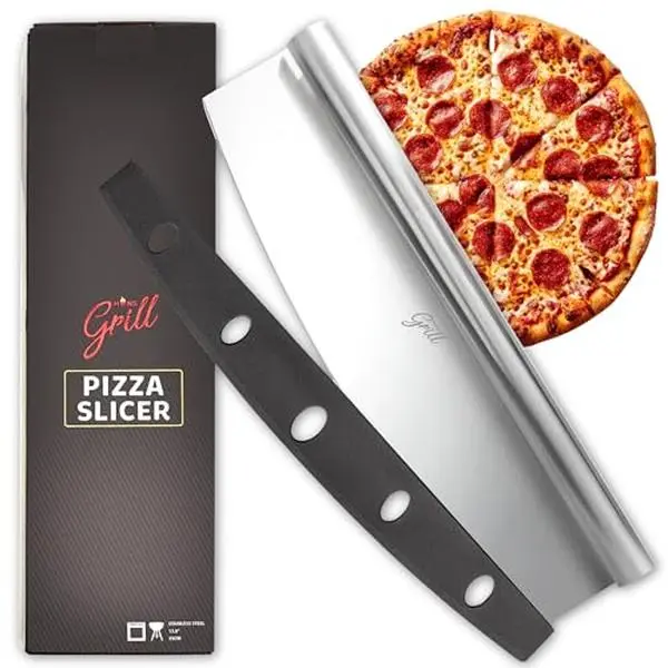 Hans Grill, 14-Inch Stainless Steel Rocker Blade Pizza Cutter, Kitchen Utensil for Pizza Prep