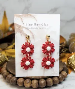 Handmade Clay Double Red Mum Dangle Earrings, Fall & Halloween Earrings, Nickel-Free