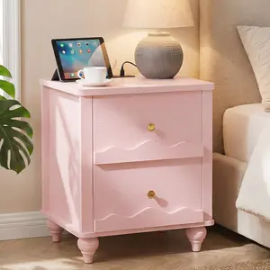 Wave Pattern Nightstand with 2 Drawers, Cute Night Table with Kid-Safe Rounded Corners Design for Kids Bedroom, Bedside Cupboard, Chest of Drawers