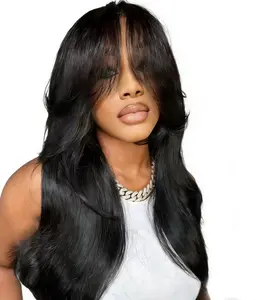 Kephare Wear and Go Glueless Bang Wig Virgin Human Hair 5x5 HD Lace Wigs with Curtain Bangs Pre Everything 180% Density Brazilian Body Wave Can Do High Ponytail with Bun glueless lace closure pre cut live sale wig human hair body wavy natural hairline