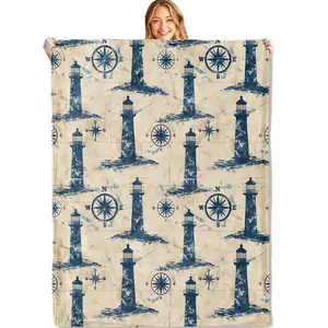 Nautical Lighthouse Throw Blanket - 50x60inch,Ultra Soft, Cozy Lightweight Flannel,Retro Classic Compass Coastal Blankets