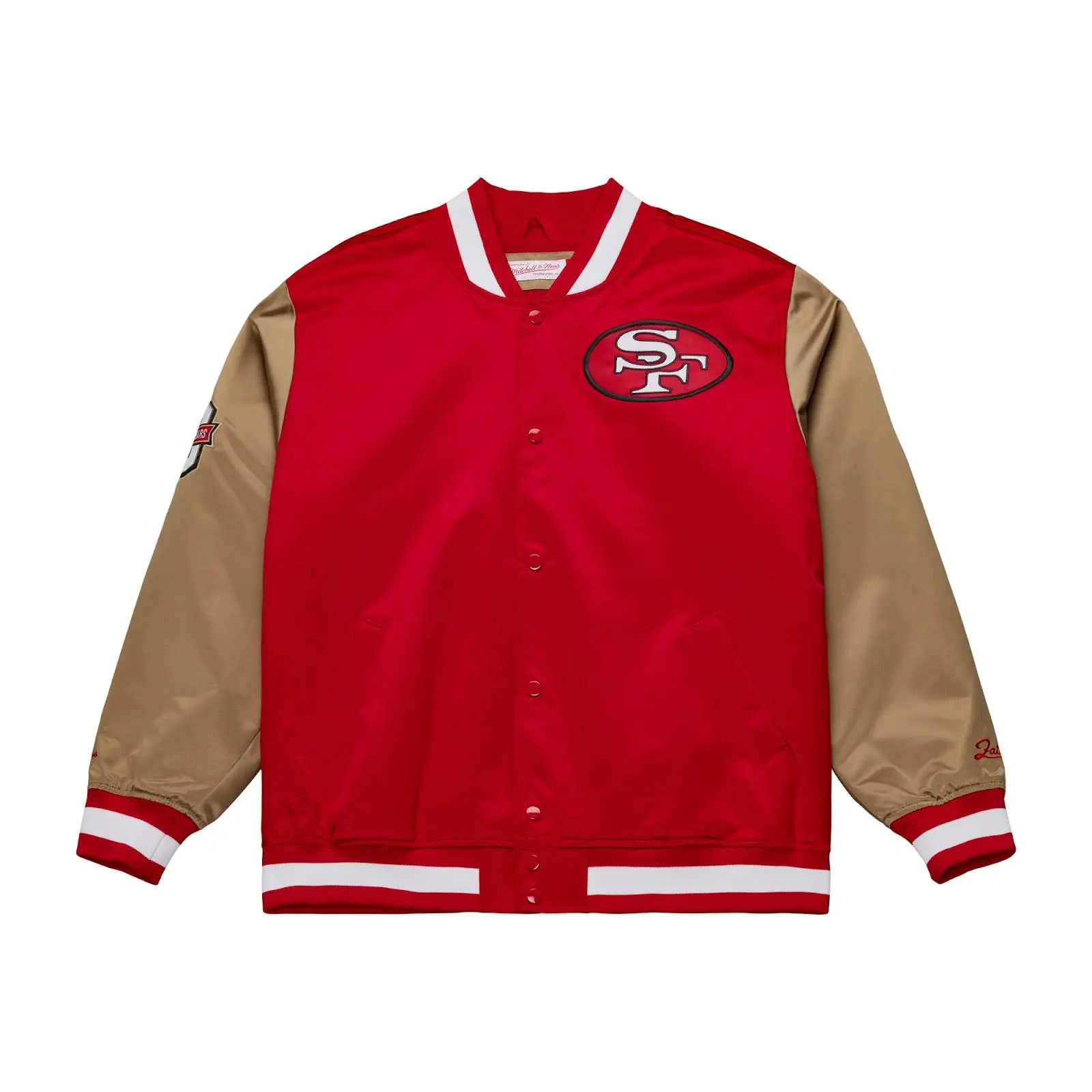 San Francisco 49ers Scarlet 80th Anniversary Heavyweight Satin Full-Snap Jacket - Red/Gold NFL Throwback Outerwear Vintage Fan Gear Mitchell & Ness