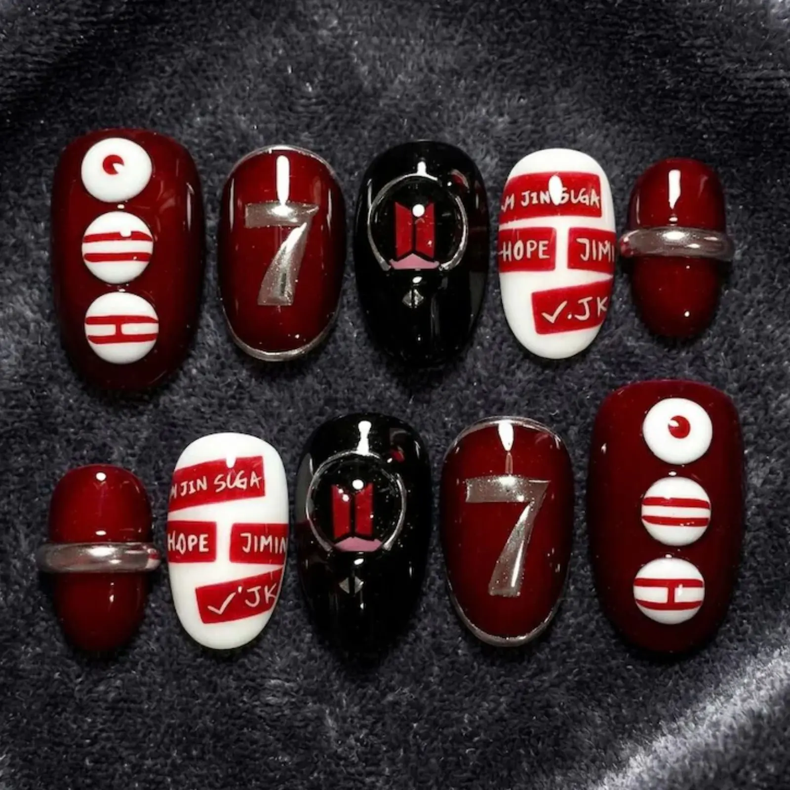 Burgundy Kpop Concert Nails | BST Arirang Concert Press On Nails | Lightstick, Number Seven Fake Nails