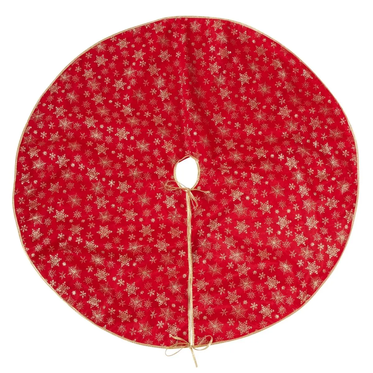 SARO 9380.R48R 48 in. Round Polyester Organza Christmas Tree Skirt - Red with Gold Snowflakes, Colorful Festive Christmas Decor for Home Holiday Spirit Enhancement