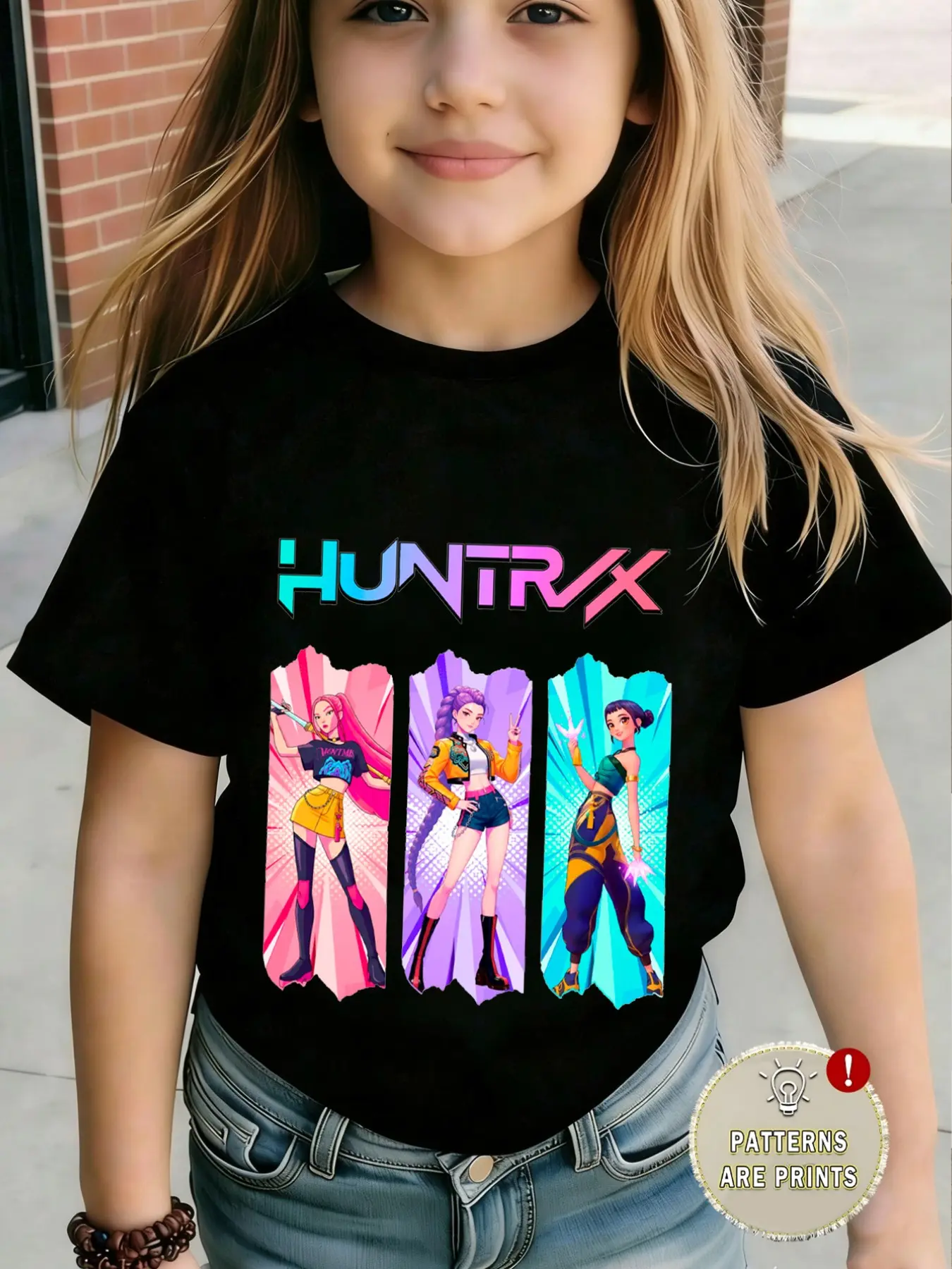 Single Piece Kpop Hunter Girl Group Print Round Neck Short Sleeve Kids T-Shirt, Casual Summer Wear for Children Graphic Tees, Casual Tee Tops