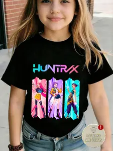 Single Piece Kpop Hunter Girl Group Print Round Neck Short Sleeve Kids T-Shirt, Casual Summer Wear for Children