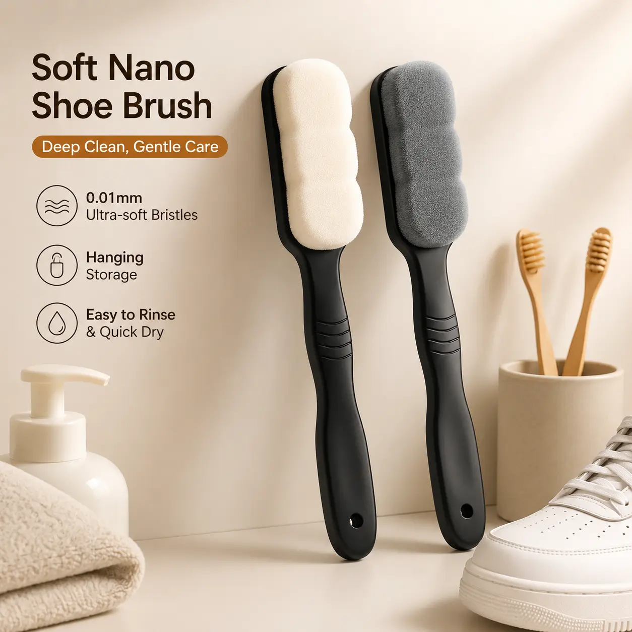 Soft Nano Bristle Shoe Cleaning Brush with Long Non-Slip Handle - Deep Cleaning Tool for Adults and Children's Shoes, Easy to Rinse with Hanging Storage