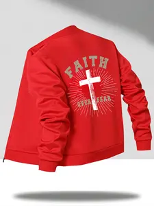 Men's American Casual Stand Collar Jacket, Faith over Fear Cross Print Design, Geometric Pattern, Fitted Style, Spring & Fall Wear